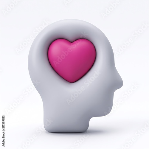 White human head sculpture featuring a pink heart cutout symbol inside mental health empathy icon 3D icon