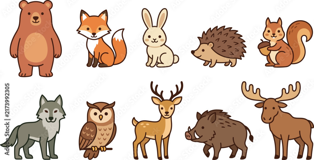 Fototapeta premium Set of cute forest animals including bear fox rabbit hedgehog squirrel wolf owl deer boar and moose in cartoon style