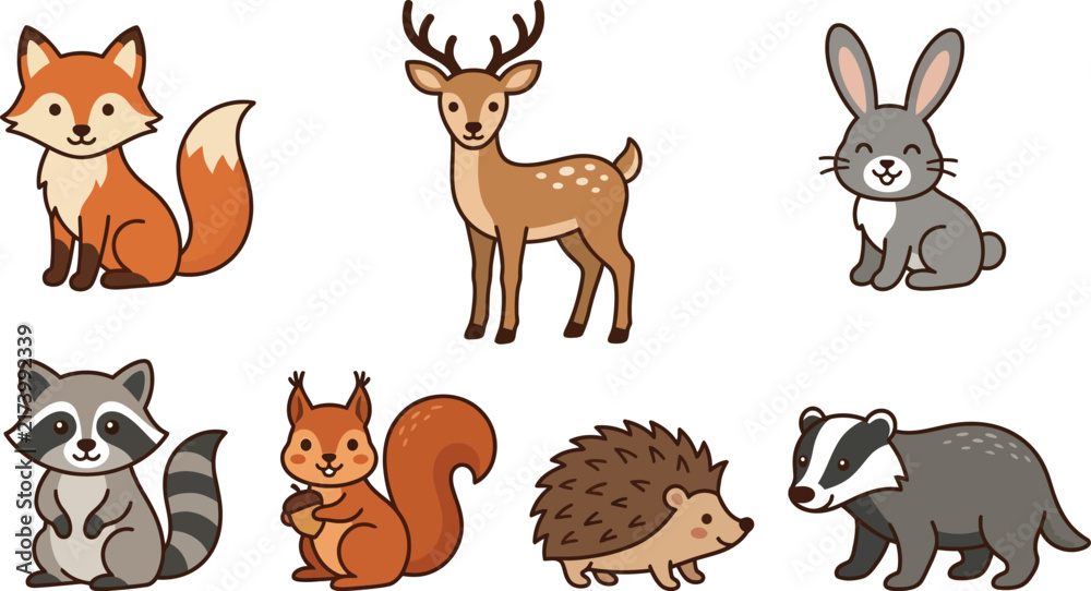 Naklejka premium Cute cartoon forest animals set including fox deer rabbit raccoon squirrel hedgehog and badger isolated on white