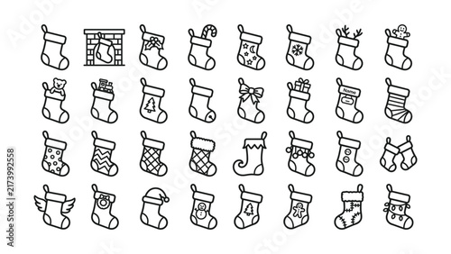 Christmas stockings with various designs and patterns on white background