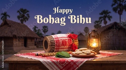 Happy Bohag Bihu festival greeting displaying traditional Assamese cultural elements including musical instruments, pitha, sugarcane, and betel leaves, arranged on a rustic ... See More
