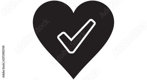 Konstfotografi Heart Shape With Checkmark Icon Black Silhouette On White Background