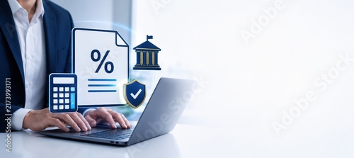 Financial Security and Digital Banking: A businessman using a laptop with digital icons representing financial concepts like interest, security, calculator, and a government building.