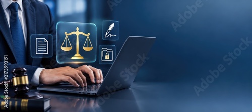 Digital Justice: A legal professional utilizing a laptop with glowing icons representing scales of justice, documents, and a signature, symbolizing the digitization of law and legal services.