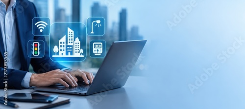 Smart City Interface: A businessman interacts with a futuristic smart city interface on a laptop, visualizing connectivity, traffic control.