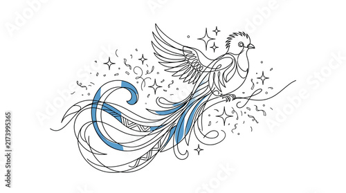 Elegant continuous line drawing of a mythical bird with long tail feathers and stars