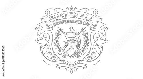 Ornate Line Art Illustration for Guatemala Independence Day Celebration with National Symbols