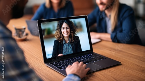 A laptop screen displaying a video call with three people, one of whom is a woman with curly hair, wearing a black jacket and a blue shirt, sitting at a wooden table with a cup of coffee.