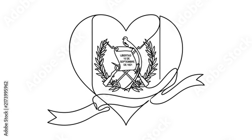 Continuous One Line Drawing Heart with Central American National Emblem and Waving Ribbon