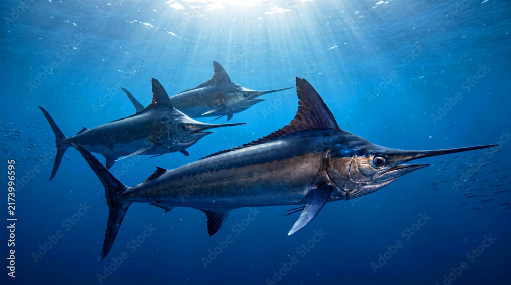 Obraz premium A school of majestic striped marlin swimming together in the deep blue ocean water under bright sunlight