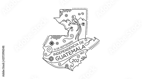 Guatemala Map Illustration with Quetzal Bird and Independence Day Greeting