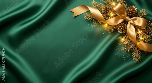 Emerald green satin Christmas background with golden ribbon bow in the corner