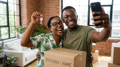 Black man takes selfie with wife in their new home, a joyful black couple smiling while holding house keys and cardboard box.