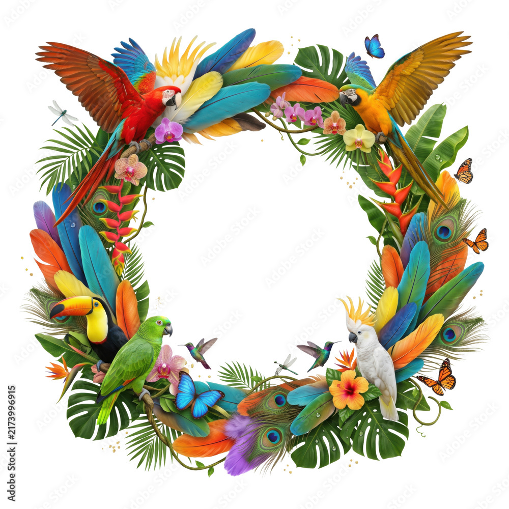 Obraz premium Tropical circular wreath with colorful parrots hummingbirds and exotic flowers isolated on transparent background