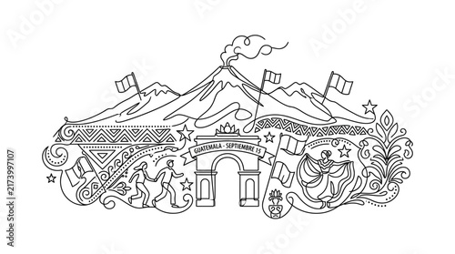 Guatemala Independence Day Celebration with Volcano and Traditional Dancers Line Art