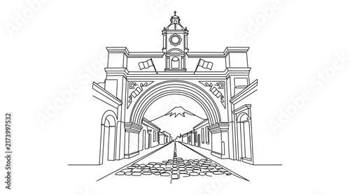 Continuous Line Drawing of Historic Colonial Arch and Clock Tower with Volcano Background