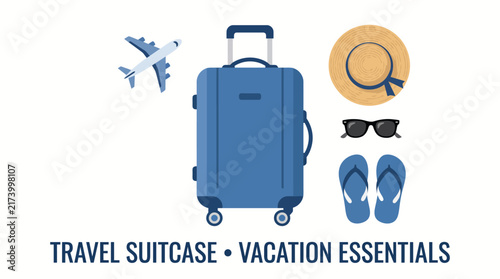 Very beautiful realistic top-view vector of a blue suitcase with airplane, sunhat, sunglasses, and flip flops, TRAVEL SUITCASE • VACATION ESSENTIALS, isolated on white background, no gradients.