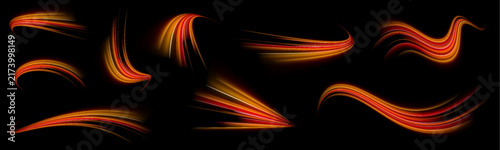 Abstract golden light trails with soft glow. Curved lines create a flowing motion effect. Shiny star flares add a magical touch to vector designs.