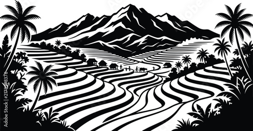 Black and white illustration of rice terraces with palm trees and mountains in a tropical landscape