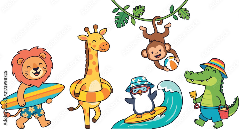 Obraz premium Cute cartoon zoo animals having summer fun at the beach with surfboard and swimming ring vector illustration
