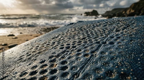 Closeup of textured wet sand on a beach during sunset