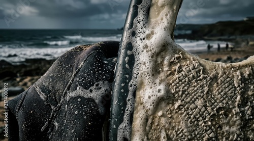 Closeup of a surfboard and wetsuit on a beach during cloudy weather