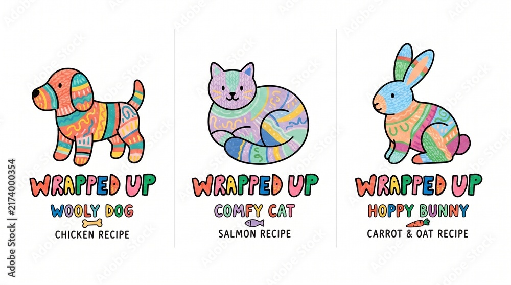 Fototapeta premium Creative cute print of animals featuring a dog, cat, and bunny with different recipes on display