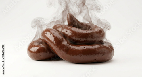 Fresh steaming brown coiled feces pile on white background, digestion and health concept.