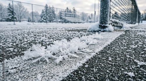 Closeup of snowcovered sports field with icy surface and goalpost