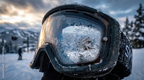 Closeup of Ski Goggles with Frost and Snow in Winter Setting