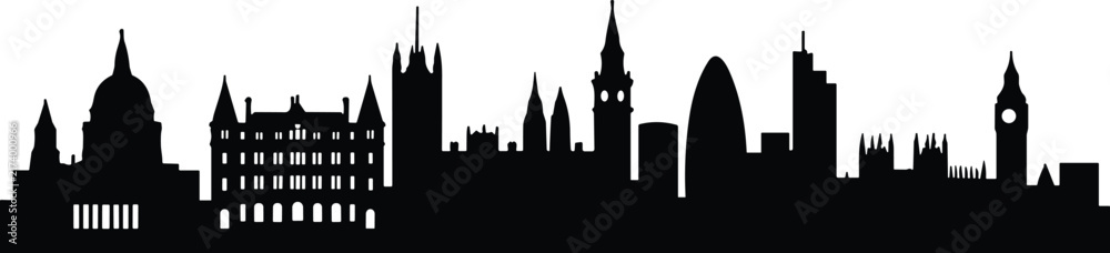 Fototapeta premium London skyline silhouette vector illustration featuring famous city architecture and landmarks in black and white