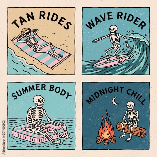Creative print showing skeletons enjoying summer activities at the beach at various times of day