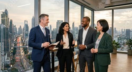 Diverse Business Professionals Collaborating In A Modern Office With City Views