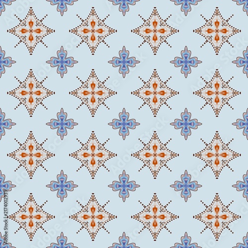 Elegant vintage floral and geometric seamless pattern with dotted elements on light blue background 