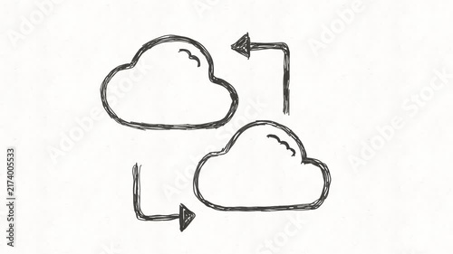 ha
Cloud synchronization animation with two connected cloud icons and arrows, representing data sync, cloud storage, file transfer, backup, online services, networking and digital informa