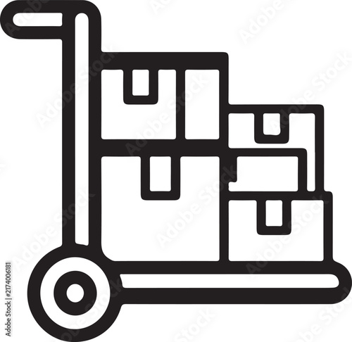 Minimalist line icon of a hand truck loaded with cardboard boxes for logistics and delivery services