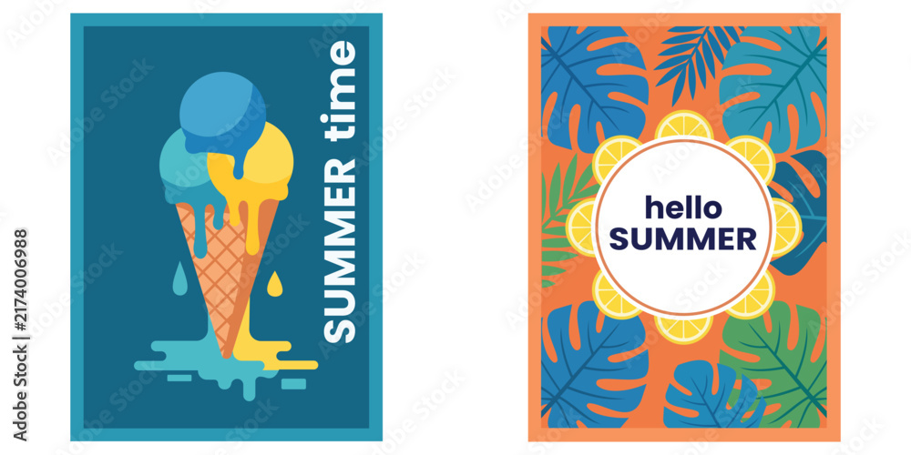 Fototapeta premium Summer poster set with ice cream cone and tropical leaf illustration summer time hello summer typography banner design for holiday vacation travel flyer card invitation seasonal print vector