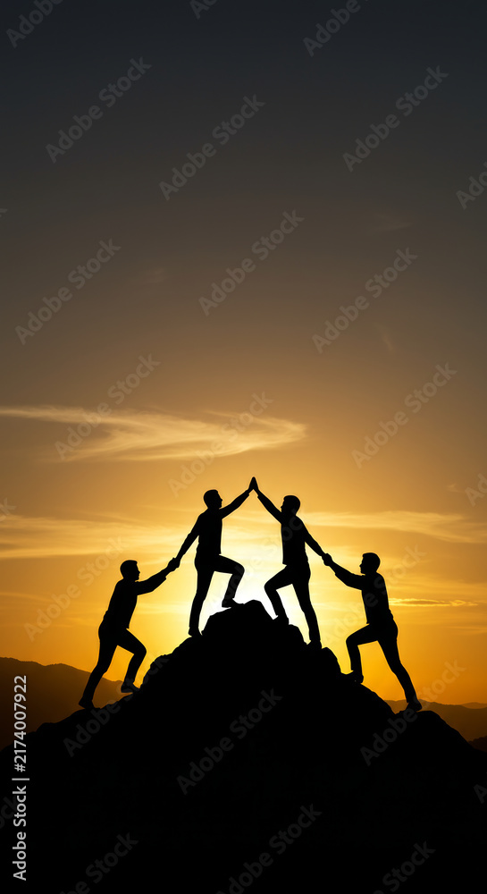 Fototapeta premium Teamwork and Collaboration in Silhouette Against a Sunset Background