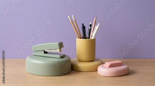 Minimalist Office Supplies on Wooden Desk with Pastel Background
