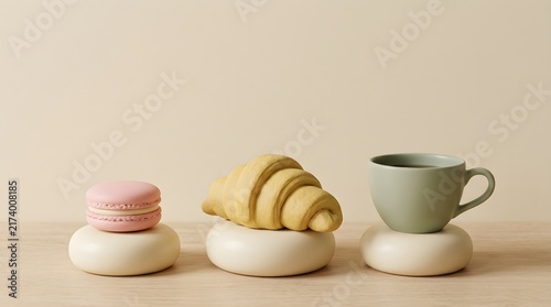 Minimalist Still Life with Macaron, Croissant, and Cup on Beige Background