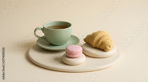 Elegant Breakfast Setting with Tea, Croissant, and Macaron on Tray