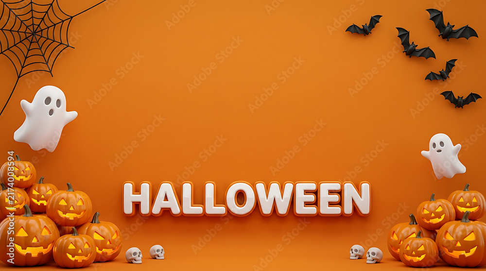Fototapeta premium Festive halloween background featuring carved jack o lanterns with glowing faces floating ghosts black bats and spider webs on an orange surface