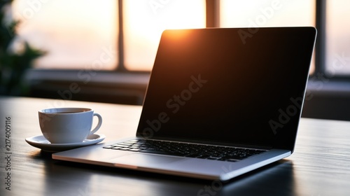 A laptop computer with a blank screen and a cup of coffee on a wooden desk in a well-lit room with a window in the background, emitting a warm golden light.
