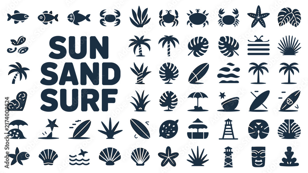 Fototapeta premium Set of black beach and summer themed icons featuring palm trees, surfboards, sea creatures, shells, and lighthouses on white background