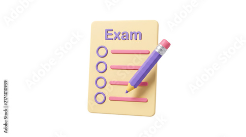 Back to school 3d exam paper with pencil isolated on transparent background