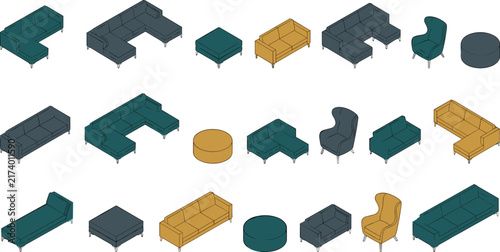 Collection of modern isometric furniture icons including sofas sectionals armchairs and ottomans for interior design planning