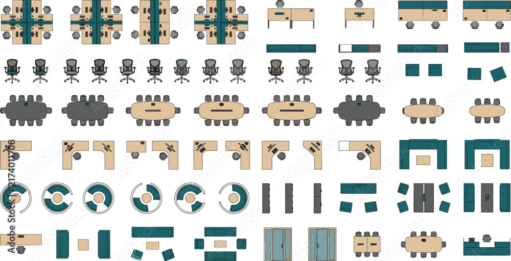 Fototapeta premium Comprehensive set of modern office furniture icons top view for floor plan layout and interior design project