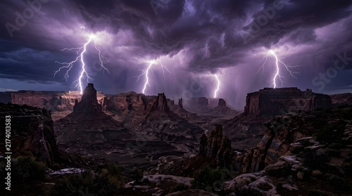 Dramatic Lightning Storm Over Desert Canyon at Night