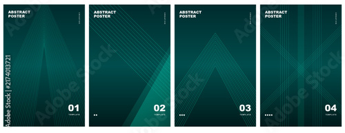 Set of abstract posters templates with green glowing line patterns and dark background vector design