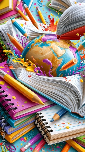 Vibrant school supplies including colorful pencils, notebooks, and a paint-splattered globe create a dynamic, creative education theme with playful energy and bright colors.